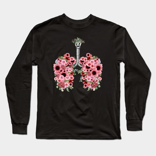 Lungs with pink daisy  flowers, lungs cancer, respiratory therapist Long Sleeve T-Shirt by Collagedream